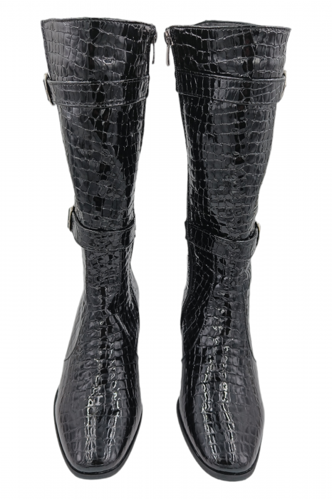 Cizme dama eleganti, piele naturala, elastic, catarama, fermoar, negru lacuit, Sandali [4]