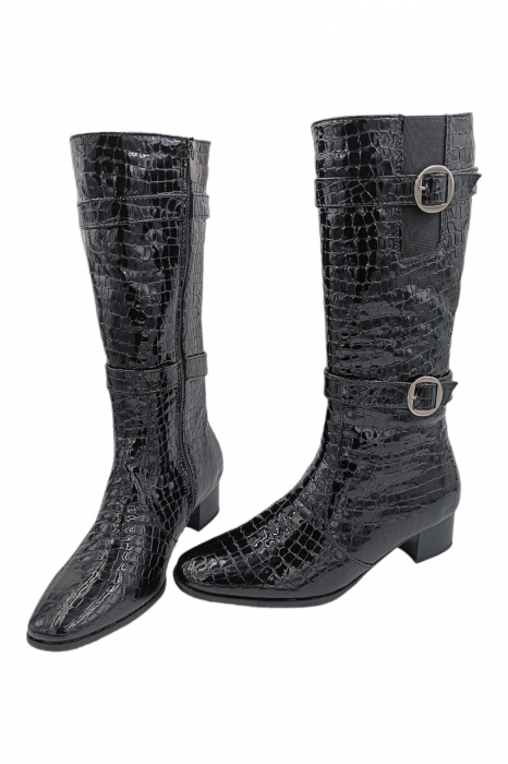 Cizme dama eleganti, piele naturala, elastic, catarama, fermoar, negru lacuit, Sandali [5]