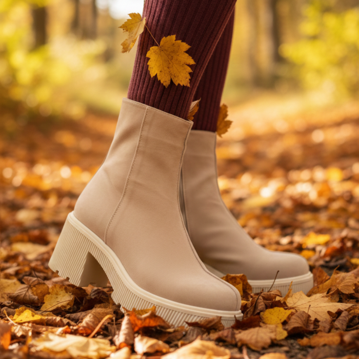 Ghete damă bej din piele întoarsă cu cusătură decorativă [7]