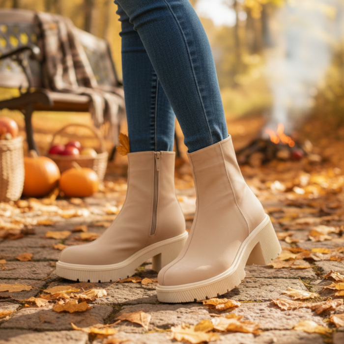 Ghete damă bej din piele întoarsă cu cusătură decorativă [6]