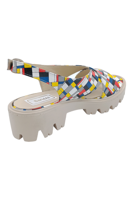 Sandale damă fara toc, piele naturală, imprimeu, carouri multicolor, 33 [3]