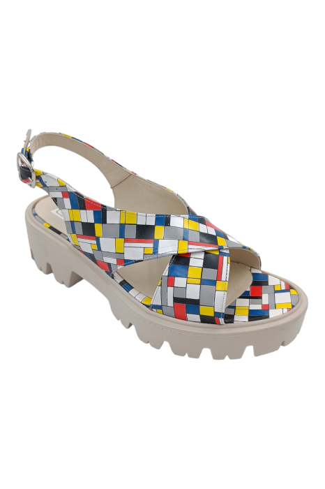 Sandale damă fara toc, piele naturală, imprimeu, carouri multicolor, 33 [2]