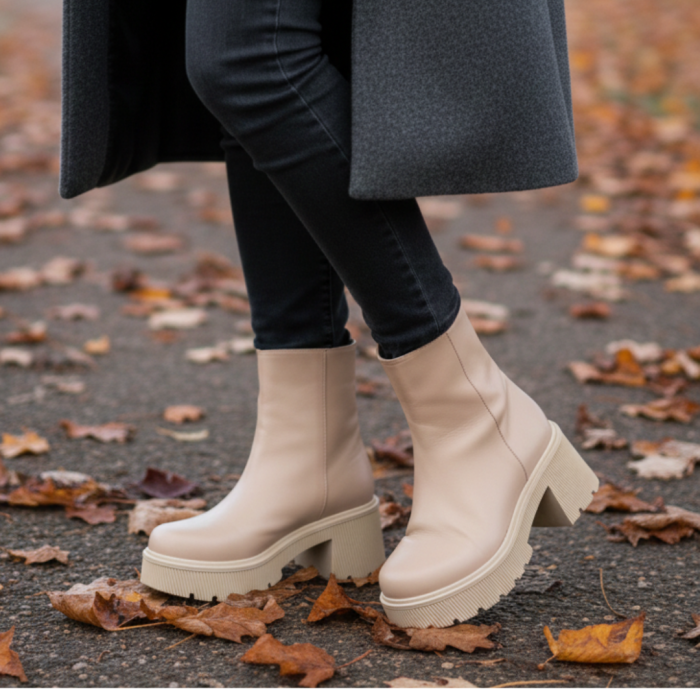 Ghete damă bej din piele naturală box cu talpă masivă [6]