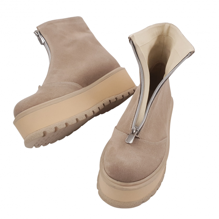 Ghete damă casual, piele naturală, fermoar, talpă înaltă, bej velur [4]