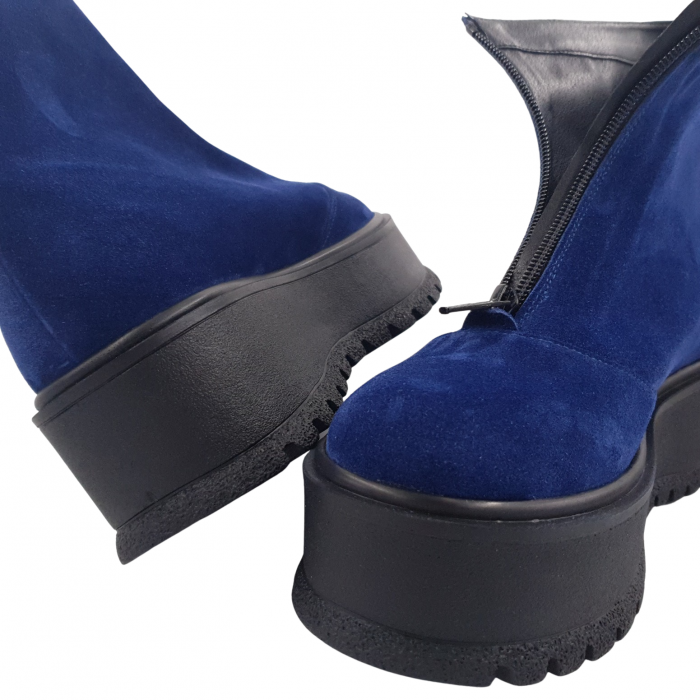 Ghete damă casual, piele naturală, fermoar, talpă înaltă, bleumarin velur [4]