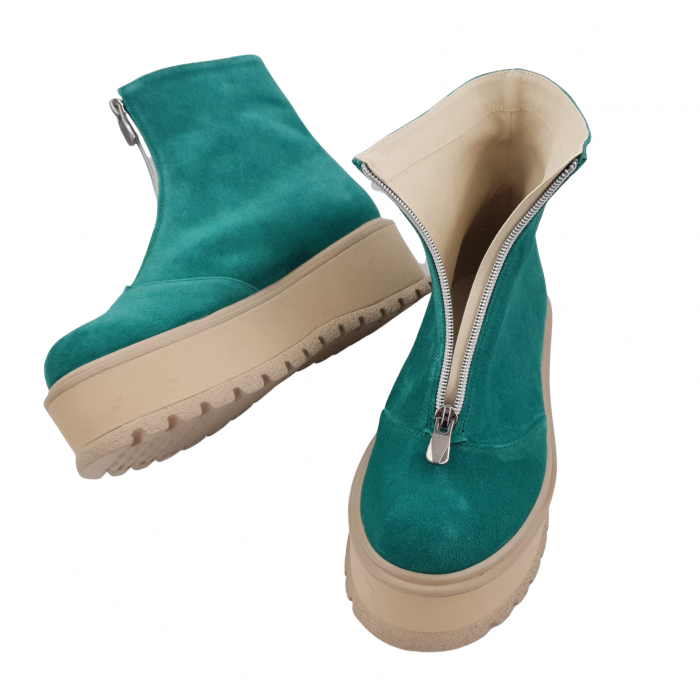 Ghete damă casual, piele naturală, fermoar, talpă înaltă, verde velur [4]