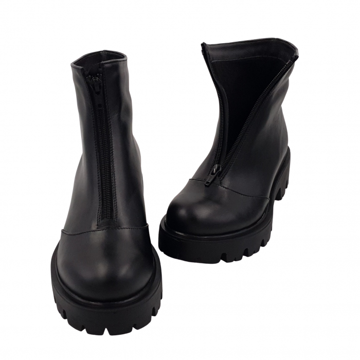 Ghete damă casual, piele naturală, fermoar, talpă ușoară, crampoane mari, negru, Sandali [3]