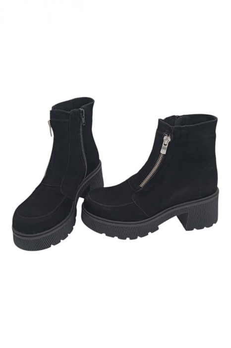Ghete damă casual, piele naturală întoarsă, cu fermoar, talpă masivă și ușoară, negru [7]