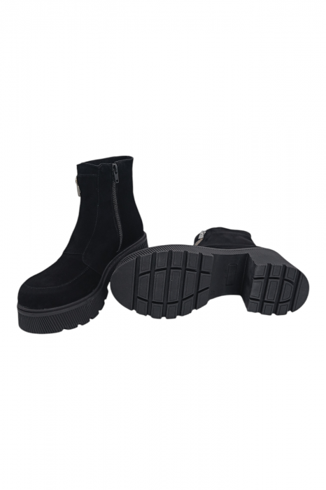 Ghete damă casual, piele naturală întoarsă, cu fermoar, talpă masivă și ușoară, negru [8]