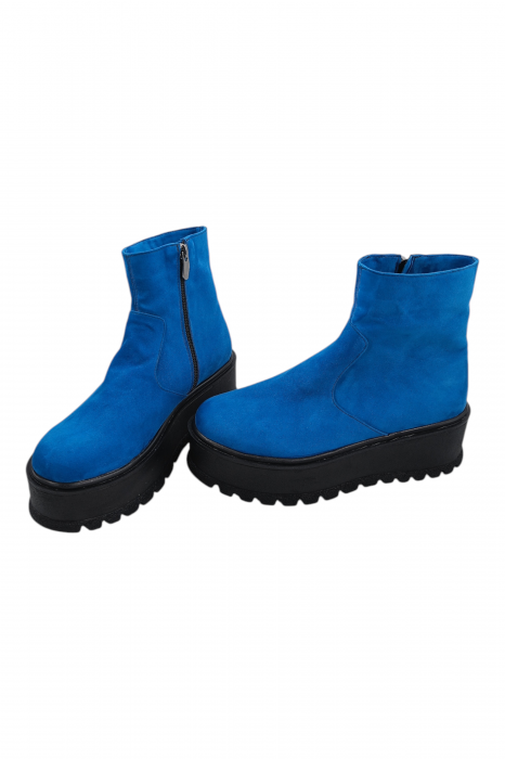 Ghete damă casual, piele naturală întoarsă, fermoar, talpă înaltă, albastru [5]