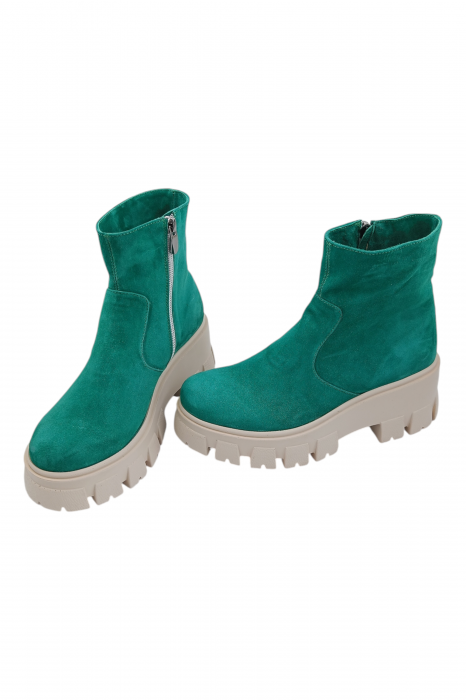 Ghete damă casual, piele naturală întoarsă, talpă ușoară, crampoane mari, verde [5]
