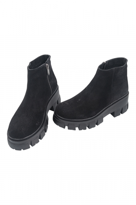 Ghete damă casual, piele naturală întoarsă, talpă ușoară, crampoane mari, negru [5]