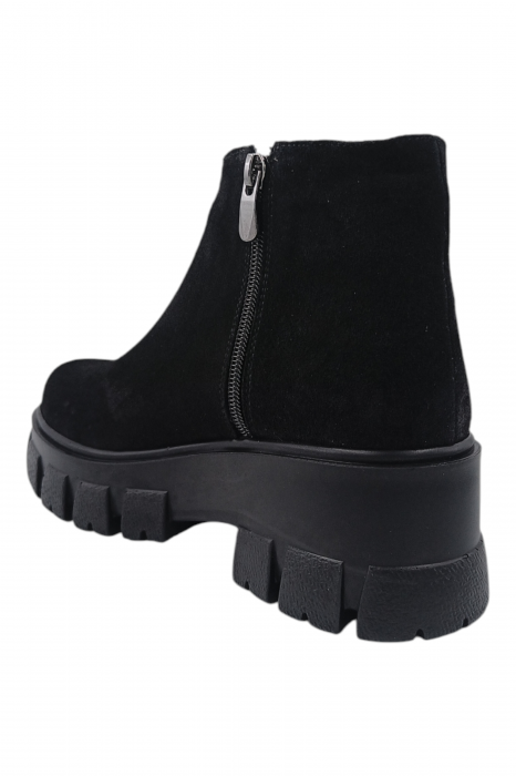 Ghete damă casual, piele naturală întoarsă, talpă ușoară, crampoane mari, negru [3]