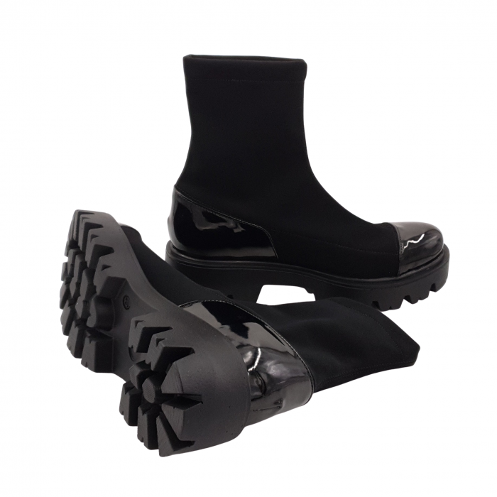 Ghete damă casual, piele naturală lăcuit, stretch (elastic), talpă ușoară, crampoane mari, negru, Sandali [4]