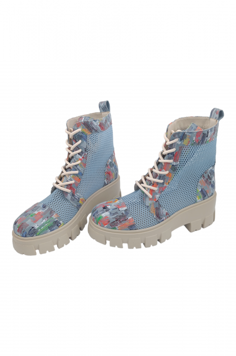 Ghete damă casual, piele naturală, plasă aquamarin, talpă ușoară, crampoane mari, bleo pictat, SANDALI [5]