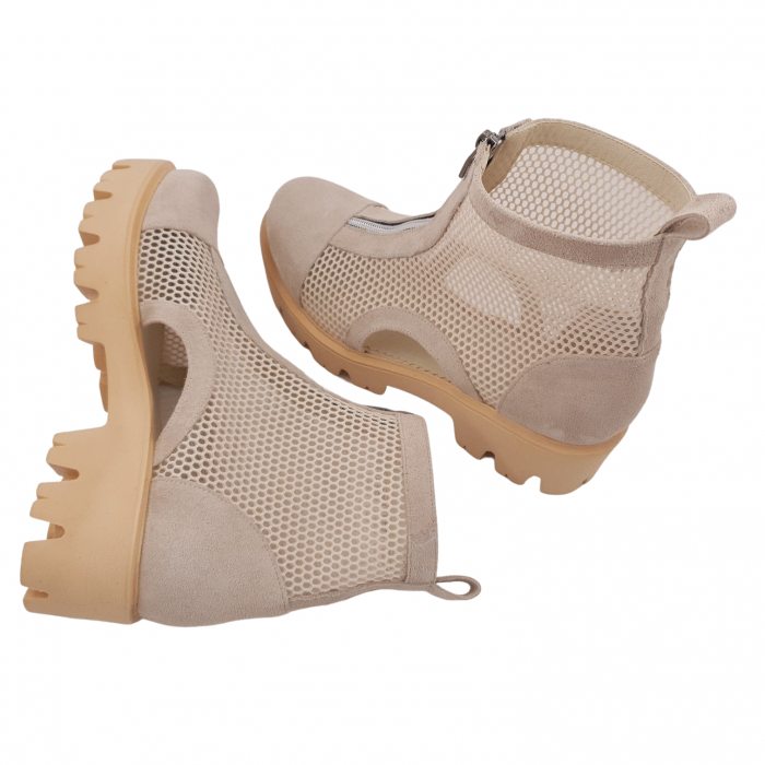 Ghete damă casual, piele naturală, plasă, fermoar, bej, 34 [3]