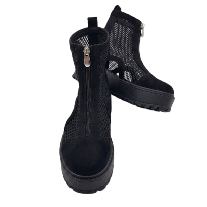 Ghete dama negre din piele intoarsa cu talpa wedge si plasa aerisita [4]