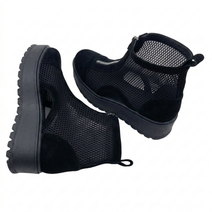 Ghete dama negre din piele intoarsa cu talpa wedge si plasa aerisita [3]