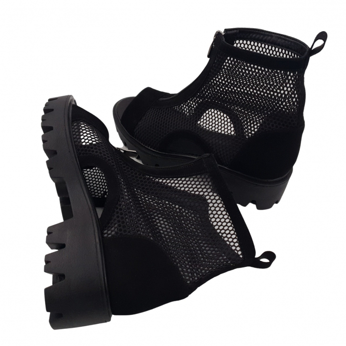 Ghete damă casual, piele naturală, plasă, fermoar, vârf decupat, talpă ușoară, crampoane, negru velur, Sandali [4]