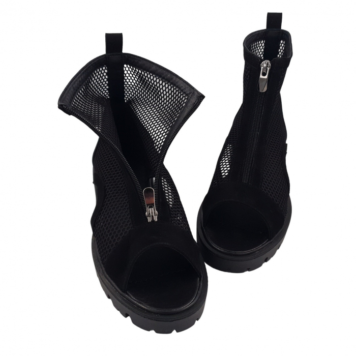 Ghete damă casual, piele naturală, plasă, fermoar, vârf decupat, talpă ușoară, crampoane, negru velur, Sandali [3]