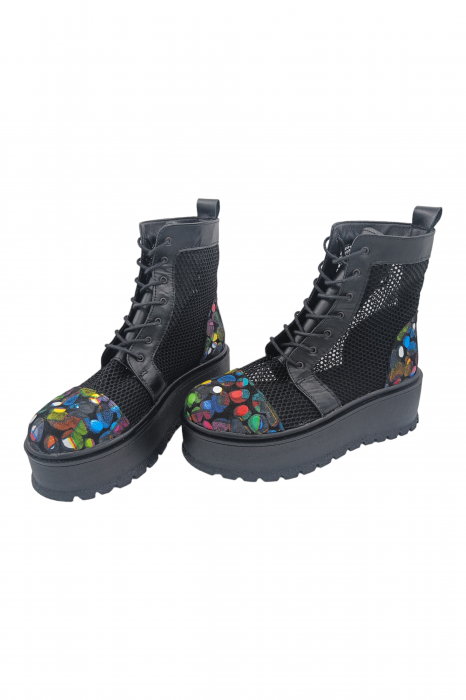 Ghete damă casual, piele naturală, plasă neagra, talpă inalta, crampoane mari,buline colorate, SANDALI [3]