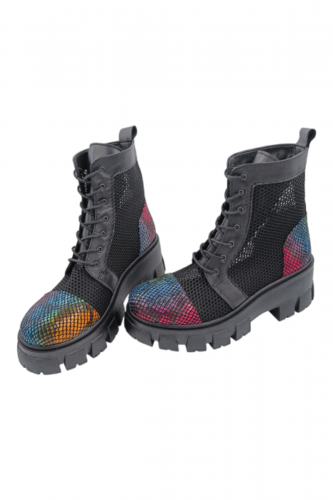 Ghete damă casual, piele naturală, plasă neagra, talpă ușoară, crampoane mari, sarpe colorat, SANDALI [4]