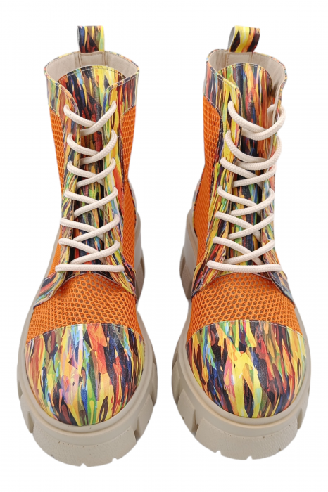 Ghete damă casual, piele naturală, plasă oranj, talpă ușoară, crampoane mari, picturi colorate, SANDALI [4]