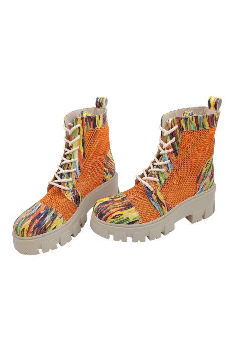 Ghete damă casual, piele naturală, plasă oranj, talpă ușoară, crampoane mari, picturi colorate, SANDALI [5]