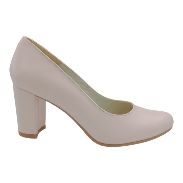 Pantofi damă, piele naturală box, toc mediu gros, bej roz, 39 [1]