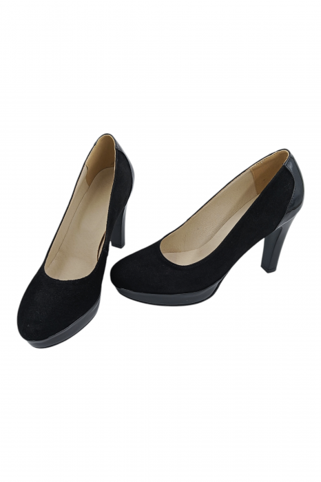 Pantofi damă, piele întoarsă cu lac, vârf rotund, toc înalt, negru, 37; 39; 40 [6]