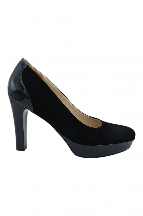 Pantofi damă, piele întoarsă cu lac, vârf rotund, toc înalt, negru, 37; 39; 40 [1]