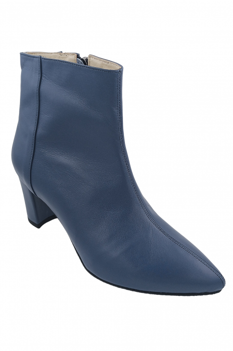 Botine damă eleganți, piele naturală, vârf ascuțit, toc gros îmbrăcat, albastru. [2]