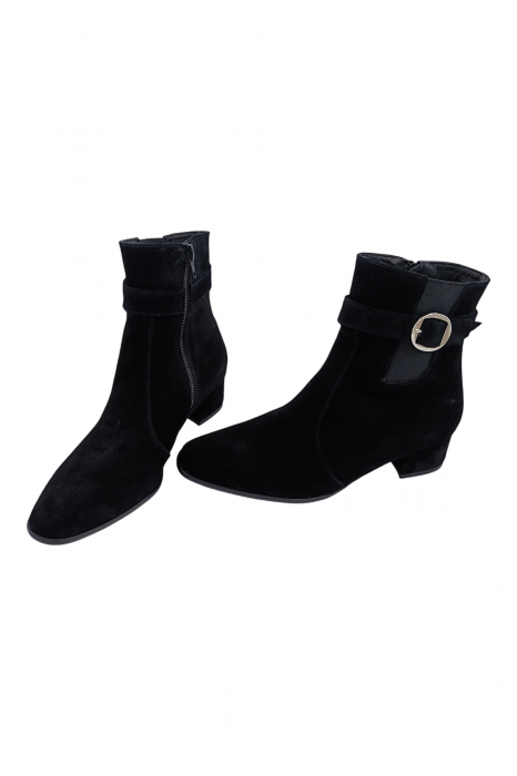 Ghete damă eleganți, piele întoarsă, cataramă, fermoar, negru [4]