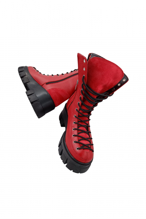 Ghete damă casual, piele naturală bizon, talpă ușoară, roșu velur, 37 [5]