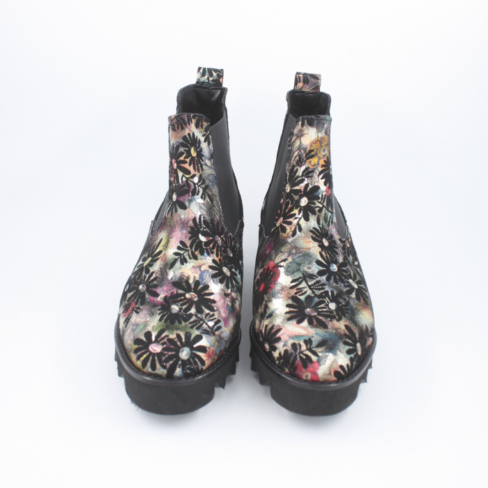 Ghete damă, piele naturală, întoarsă, elastic, imprimeu floral, talpă ușoară, negru, Sandali [3]