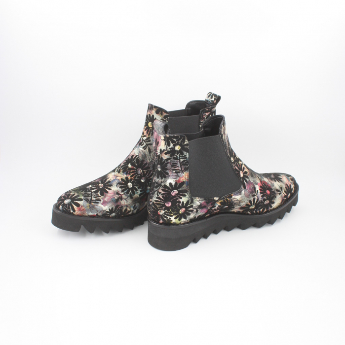 Ghete damă, piele naturală, întoarsă, elastic, imprimeu floral, talpă ușoară, negru, Sandali [4]