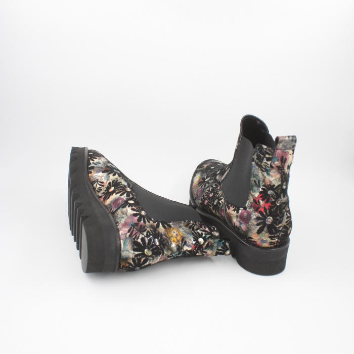 Ghete damă, piele naturală, întoarsă, elastic, imprimeu floral, talpă ușoară, negru, Sandali [5]