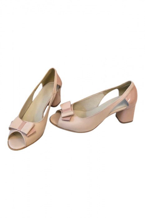 Pantofi sanda dama, piele naturala, varf decupat, toc gros, lacuit , bej-roz, 38;39 [5]