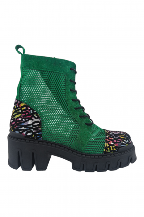 Ghete damă, piele naturală velur, plasă, talpă cu striați, imprimeu litere, verde, Sandali [2]
