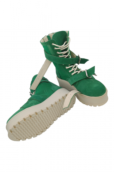 Ghete damă, piele naturală velur, plasă, talpă inalta, patru catarame, verde, Sandali [5]