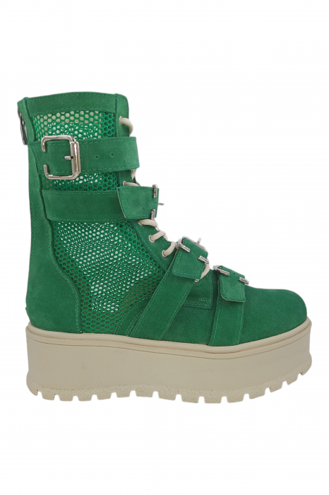 Ghete damă, piele naturală velur, plasă, talpă inalta, patru catarame, verde, Sandali [2]