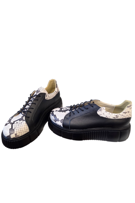 Pantofi damă casual piele naturala bizonata, imprimeu alb șarpe, negru, 38 [5]