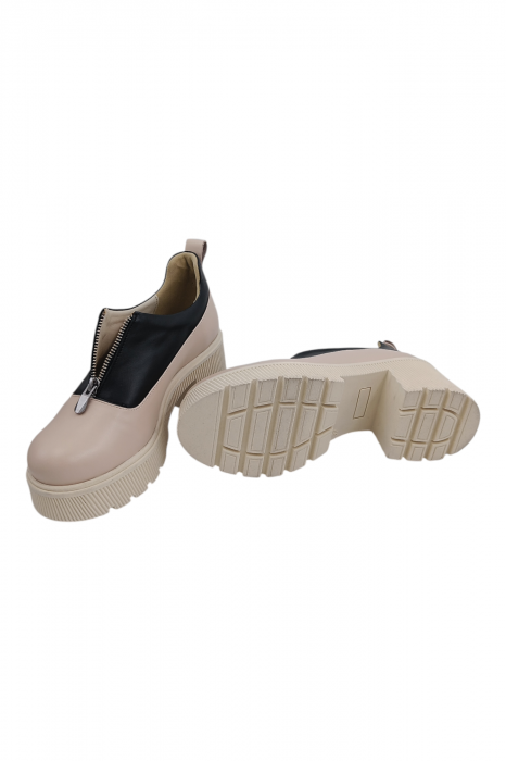 Pantofi damă casual, piele naturală, cu fermoar, talpă masivă și ușoară, bej/negru [6]