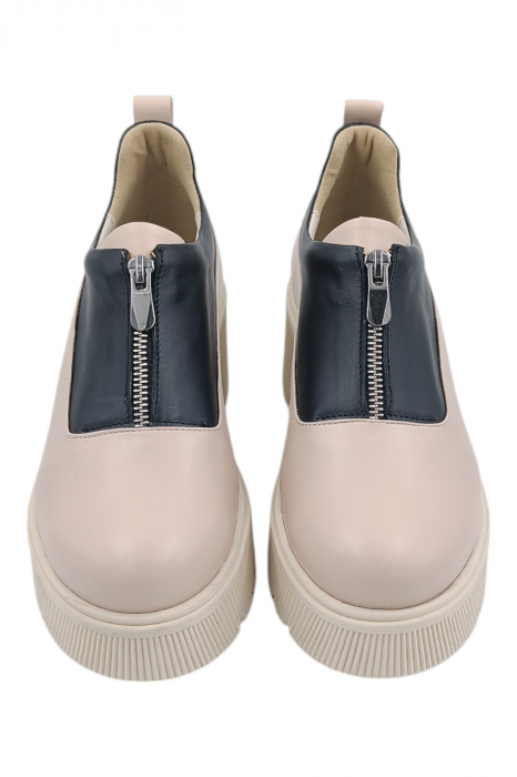 Pantofi damă casual, piele naturală, cu fermoar, talpă masivă și ușoară, bej/negru [4]