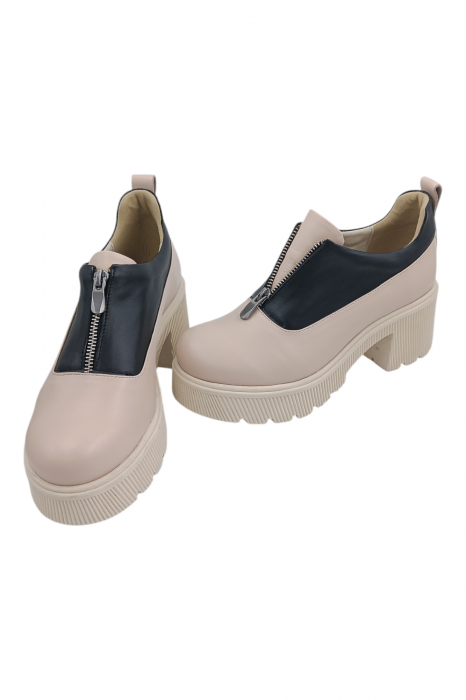Pantofi damă casual, piele naturală, cu fermoar, talpă masivă și ușoară, bej/negru [5]