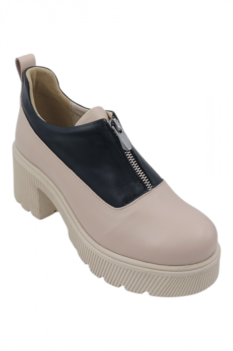Pantofi damă casual, piele naturală, cu fermoar, talpă masivă și ușoară, bej/negru [2]
