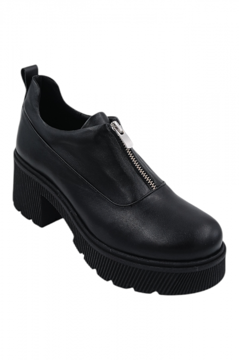 Pantofi damă casual, piele naturală, cu fermoar, talpă masivă și ușoară, negru [2]