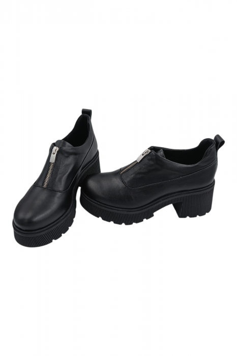 Pantofi damă casual, piele naturală, cu fermoar, talpă masivă și ușoară, negru [5]