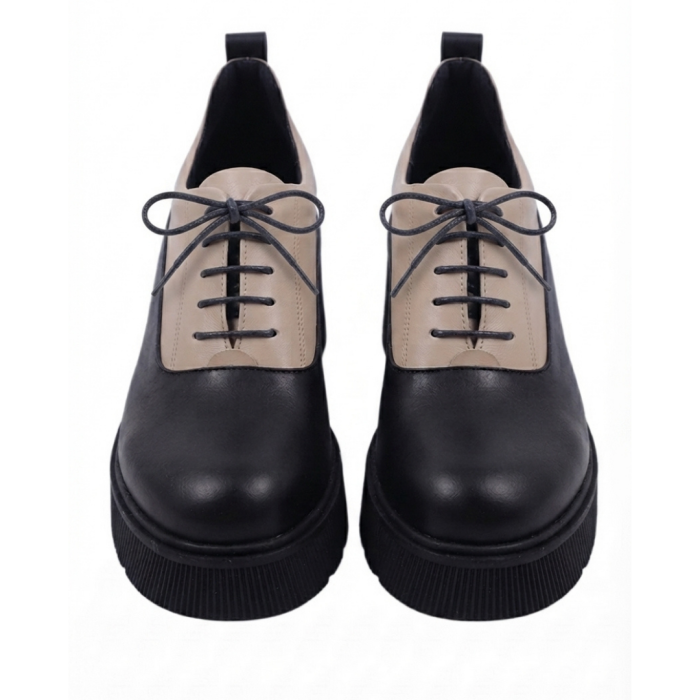 Pantofi moderni din piele naturală cu șiret – talpă masivă bej‑negru [4]