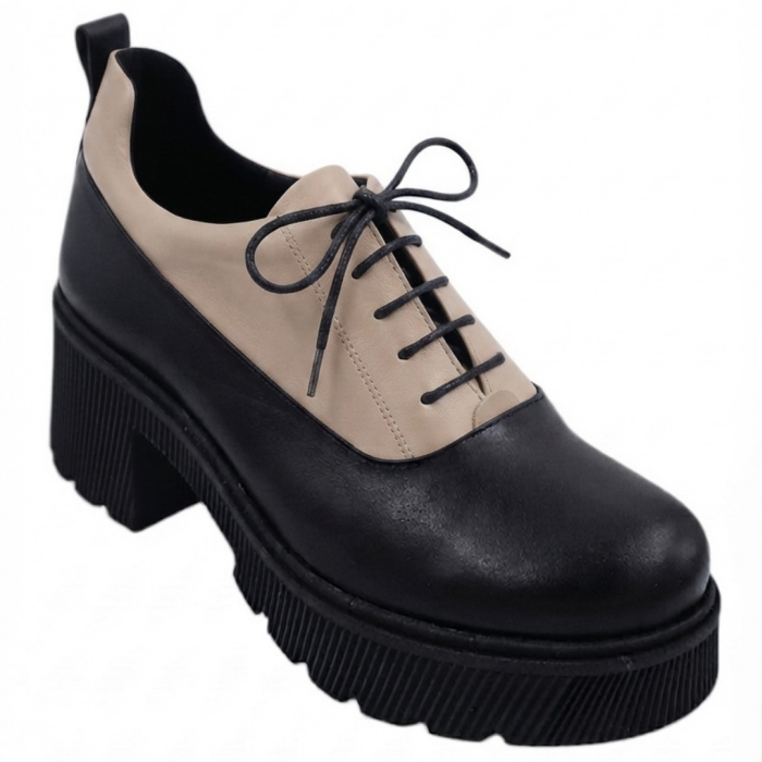 Pantofi moderni din piele naturală cu șiret – talpă masivă bej‑negru [2]
